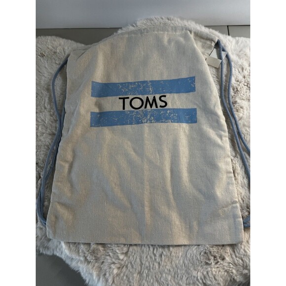 TOMS cinch Sack Sak  backpack bag Fabric Logo Lightweight New Tag Blue Ivory - Picture 1 of 5